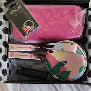 Too Faced Pink Quilted Pouch and Colorful Cosmetic Set